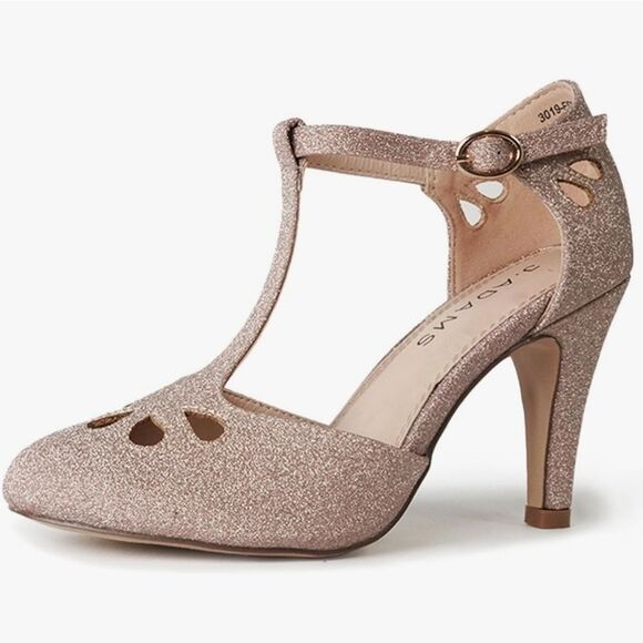 ☔️🩵NIB Champagne Glitter Pepper Mary Jane Buckled T-Strap Heels Size 8 - Picture 2 of 12